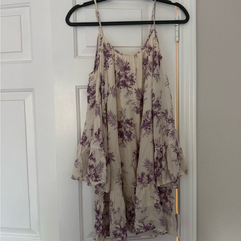 Altar'd State Cream and Purple Floral Off-The-Shoulder Dress